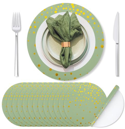 Whaline 50 Stück Weihnachts-Platzsets, salbeigrün, 35,6 cm, Einweg-Tischsets, Goldfolie, gepunktet, Salbei, runde Papiermatte für Weihnachten, Zuhause, Küche, Hochzeit, Esstischdekoration