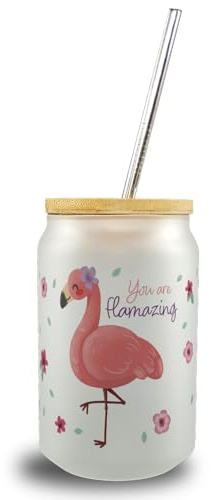 speecheese Flamingo Trinkglas mit Bambusdeckel mit Spruch You are flamazing ein buntes Glas für dein Lieblingsgetränk Motiv rosa tropischen Blumen Mädchen flamazing niedliches Esszimmer