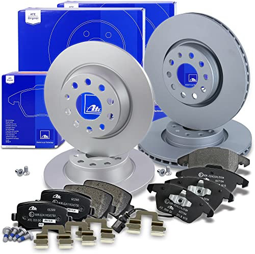 ATE Bremsenset inkl. Bremsscheiben vorne Ø 312 mm belüftet + hinten Ø 282 mm voll und Bremsbeläge vorne + hinten und Warnkontakt Kompatibel mit AUDI A3, SEAT, LEON, SKODA OCTAVIA, VW GOLF, JETTA