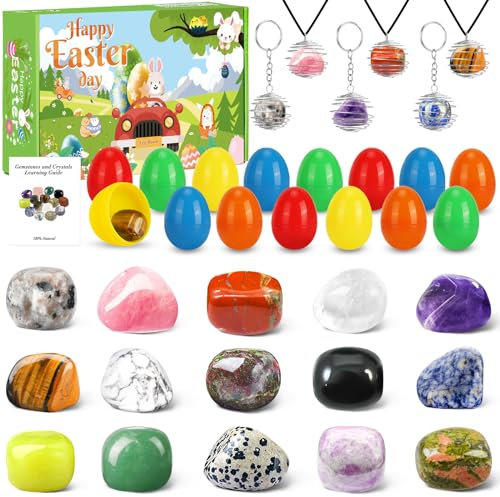 Herritozl Ostergeschenke für Kinder Edelstein-Set 15 Kristallen, 3 DIY-Schlüsselanhänger, 3 DIY-Halsketten - Stein-Sammlungs-Set. Perfekte Partygeschenke, die Spaß und Bildung für Jungen und Mädchen