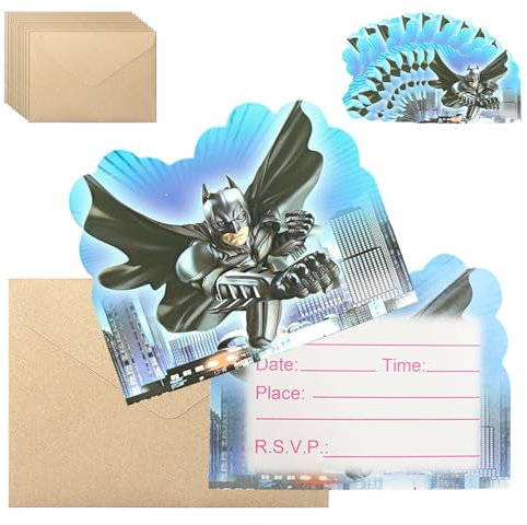 HONGP Batman-Party-Einladungen für Kinder, Kindergeburtstagsparty-Einladungen mit Umschlägen, 10 Stück, Modern, Schwarz, Batman-Illustration, Kindergeburtstag