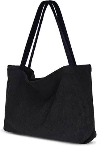 X SIM FITNESSX Unisex Umhängetasche Cord Tasche Tote Bag Damen Shopper Fashion Stofftasche für Alltag/Büro/Schule/Reisen (SCHWARZ)