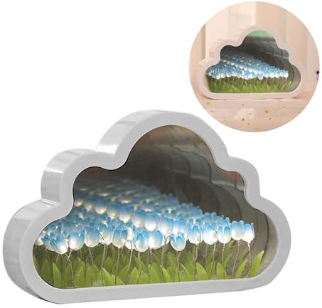 luolety Tulip Cloud LED Spiegellampe, 20 Blumen Wolke Lampe Spiegel Nachtlicht Tulpe Tischlampe Handgemachte Licht Dekoration Ornament für Schlafzimmer Paar Freunde (Blau)