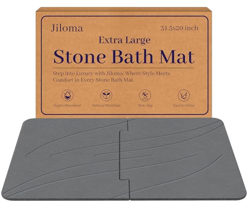 Jiloma 32 * 20 Stone Bath Mat Extra Large Diatomaceous Earth Non-Slip Shower Mat Quick Drying Diatomite Stone Mats for Bathroom Floor/Ktichen Counter Super Absorbent Natural Easy to Clean Grey
