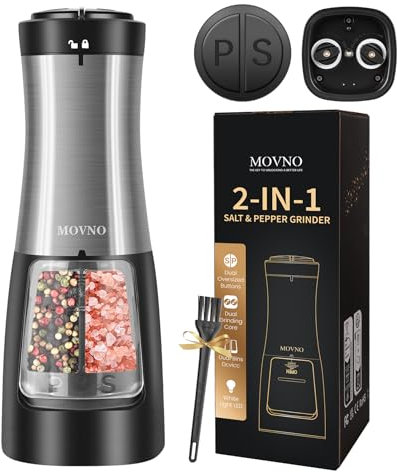 MOVNO 2 in 1 Electric Salt and Pepper Grinder Set (Battery Powered), Automatic Salt and Pepper Grinder, One-Handed Operation, Adjustable Ceramic Grinder with LED Light