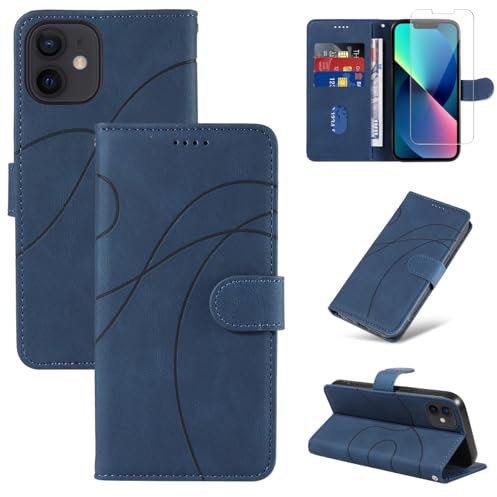 Reshias Coque Compatible avec iPhone 13 avec 1 Pièce Protection Écran en Verre Trempé, Housse PU Cuir à Rabat Flip, Étui Support et Portefeuille Fonction (Bleu)