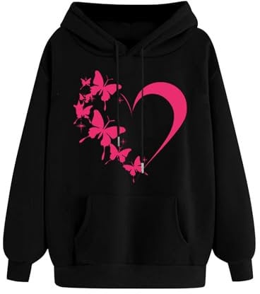 Generisch Hoodie Damen Winter Baumwolle Langarm Sweatshirt Mode Liebe Kapuzenpullover Warme Freizeit Pullover Frauen Hoody mit Kapuze Fashion Pulli Langarmshirts Wunschgutschein Schwarz XL