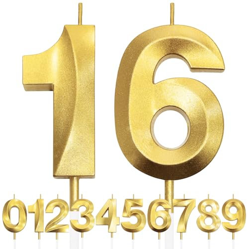 16th Geburtstagskerze, 3D Design Gold Glitter Nummer Kerzen, Cake Topper Dekorationen, Kuchen Kerze für Geburtstagsparty, Hochzeitstag, Baby-Dusche, Party-Dekoration