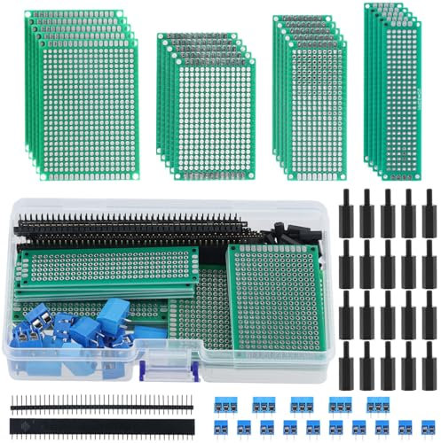 QWORK® 75 Stück Leiterplattenset, Doppelseitige Prototyp-Leiterplatten, PCB Board Kit mit Stecker-/Buchsenleisten und Schraubklemmen