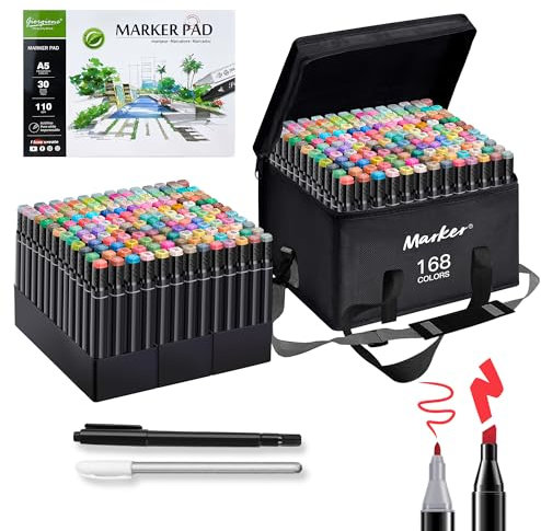 hangfan Alcohol Based Ink Art Markers, 168 Colors Broad&Fine Dual Tip Permanent Markers Pen Set for Professional Student Child Coloring Illustrations Sketch Drawing Painting Card Making (Black)