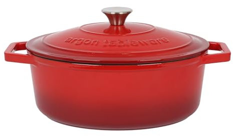 Argon Tableware 4.68L Oval Cast Iron Casserole Dish with Self-Basting Lid - Red Ombre - 1x Induction Hob Cooking 4.84QT Dutch Oven Bread Baking Serving Roasting Stew Stock Pot Cookware Pan