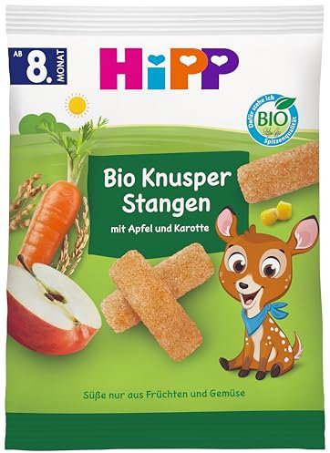HiPP Bio Knusper Stangen Apfel Karotte (7 x 30g), Babysnack ab 8. Monat, Süße nur aus Früchten und Gemüse, glutenfrei, in bester Bio-Qualität