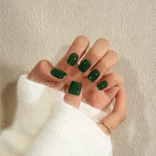 KQueenest Press on Nails Lot de 24 faux ongles courts avec colle - Vert foncé transparent - À coller - Couleur unie - Carrés - Pour femmes et filles