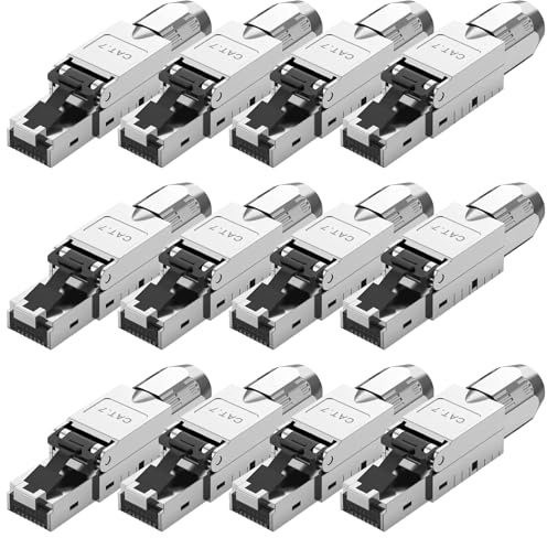 Quevati Netzwerkstecker Cat7 werkzeuglos mit 10 Gbit/s, RJ45 Lan Stecker Cat 7 Werkzeuglos POE für Cat7 Cat6A Verlegekabel, Cat 7 Stecker Werkzeuglos Vollgeschirmt STP, AWG 23-26, 12 Stück