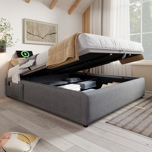 Bett 140x200 cm mit USB Type-C-Ladefunktion, Polsterbett mit Hydraulischer Stauraum und Vollflächiger Lattenrost, Ohne Kopfteil, Hydraulisch Doppelbett Stauraumbett, Baumwolle, ohne Matratze, Grau