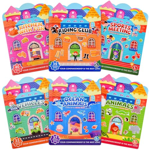 ASTARON 6er-Set Wiederverwendbares Stickerbuch für Kleinkinder, 3D-Sticker, Lernspiel, sensorisches Lernspielzeug, Reise-Aktivitätsbuch-Set für Kleinkinder (3–4 Jahre)