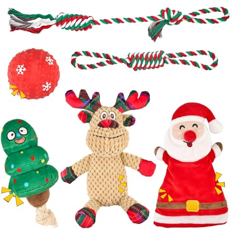 Arblina Hundespielzeug Weihnachten, Weihnachtgeschenke-Set (6er-Pack) für Kleine&Große Hunde, Interaktive Hundespiele mit Quietschspielzeug, Seilspielzeug, Gummiball und Plüschtier-Spielzeug