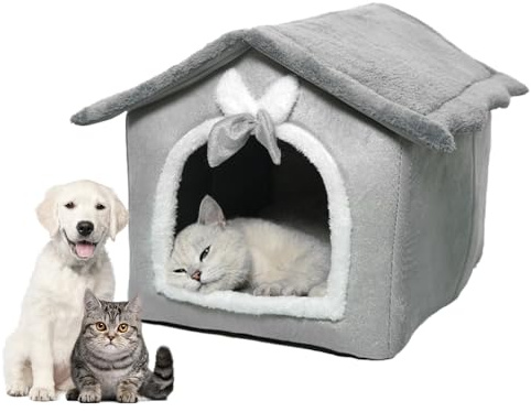 Hojalis Plüsch Katzenhaus, Tragbare Katzenhütte, Faltbares Komfortables Haustier-Katzenhaus mit Waschbarem Kissen, Warmes Und Gemütliches Plüschkatzen-Iglu für Katzen und kleine Hunde Schlafen