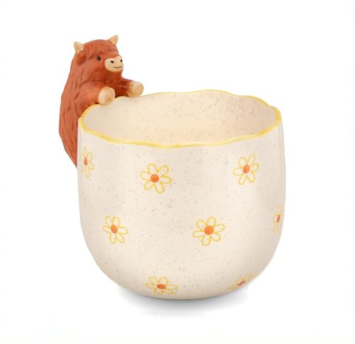 Sass & Belle Peeking Highland Cow Planter - Indoor Plant Pot, Animal Design for Cactus or Succulent, Ceramic plant pots for Home Decor, Flower Pot Designed by Sass and Belle