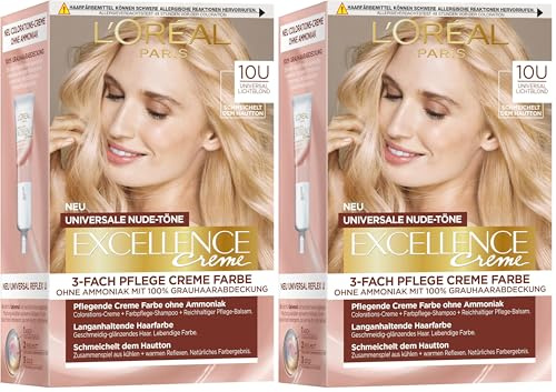 L'Oréal Paris Permanente Haarfarbe für jeden Hautton, Coloration ohne Ammoniak, Universale Nude-Töne mit vollständiger Grauhaarabdeckung, Excellence Creme, Nr. 10U Lichtblond (Blond), 1 Stück