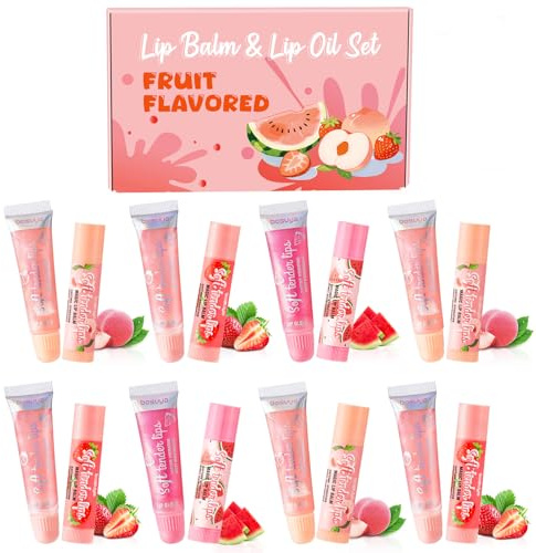 Lippenpflege Set - 8 Lipgloss + 8 Lippenbalsam, Lippenpflege Geschenke | Fruchtig Lippenbalsam und Lipgloss für Trockene Rissige Lippen, Kleine Geschenke für Mädchen Freundin Geburtstag Valentinstag