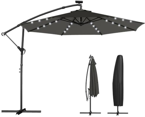 Outsunny Ampelschirm LED Solar ca. Ø300 cm 360° Drehbar Sonnenschirm mit Kurbel Ständer Schutzhülle, UV-Schutz Wasserabweisend Gartenschirm Marktschirm Kurbelschirm Dunkelgrau