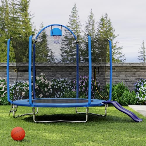 Fulasofia 5FT/7FT/10FT Trampoline for Kids with Slide, Safety Enclosure Net, Jumping Mat, Safety Pad and Ladder – Indoor & Outdoor Toddler Trampoline for Garden or Home Use