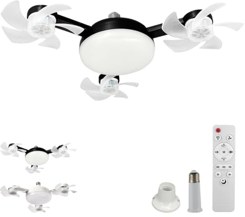E27-Fassung LED Lampe Mit Ventilator,E27 Socket Ceiling Fan With Lights,Dimmable Led Light Bulb Fan With Rc & Extension Rod,2-in-1-Hängeventilator für Schlafzimmer, Küche und Arbeitsbereich，Schwarz