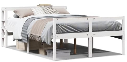 Yisssmeng Seniorenbett 140x200 cm Bettgestell aus Massivholz Kiefer, Komfortbett mit Kopfteil und Lattenrost, Robustes Holzbett Weiß für Senioren und Erwachsene