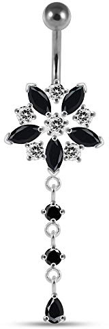 Monster Piercing - Piercing Nombril. Motif: FLEUR ÉTOILÉE avec QUEUE PENDANTE. Argent Sterling 925 avec Pierres en Cristal NOIR. Hypoallergénique, Sans Plomb, Sans Nickel.