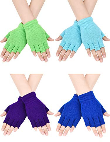 Bememo fingerlose Strickhandschuhe für Jungen und Mädchen, einfarbig, 4 Paar Gr. Medium, Lila, Grün, Königsblau, Himmelblau.