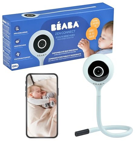 BÉABA, Ecoute Bébé Vidéo, Babyphone Zen Connect, Caméra Full HD 1090p, Talkie-Walkie, Longue Portée, Connexion Mobile et Wifi, Berceuses, Tige flexible, Gris Perle