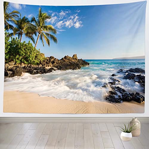 Loccor Tropischer Strand Wandteppich Foto Hintergrund Landschaft mit Palmen Felsen Welle Sommer Hawaii Wandbehang für Schlafzimmer Wohnzimmer College Wohnheim Booth Luau Party Home Dekorationen