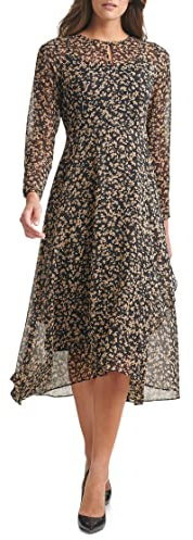 Tommy Hilfiger Women's Chiffon Quarter Sleeve Surplice Midi Dress, Black/Tannin, 10 UK