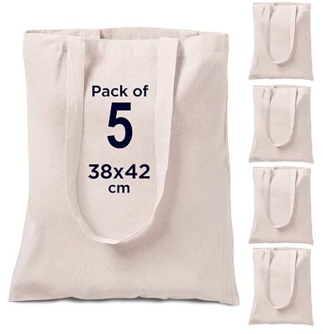 CENTRIX Natural tote Cotton 5 pack 15 X 16 inch reusable grocery bags, 5.5 oz cotton canvas tote, eco friendly super strong washable great choice for promotion Branding and Gift