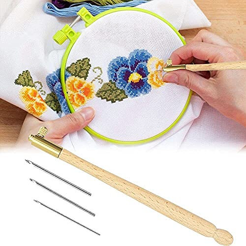 DURANTEY Tambour Haken Stickerei Pailletten Perlen Tambour Nadeln Sticken Set Punch Nadel Stanznadel Holzgriff Crochet Tool Stumpfe Needle Häkelnadeln Werkzeug für DIY Stickereien 3D-Sticken