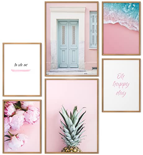 Papierschmiede® Mood Poster Set La Vie En Rose, Fertiges Bilder Set mit Rahmen (Holz, Natur), Wohnzimmer Deko Schlafzimmer, 2x DIN A3 und 4x DIN A4, Rosa Ananas Pfingstrosen