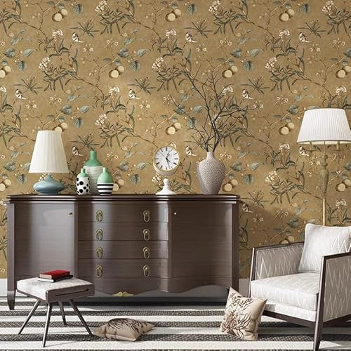 Retro American Country Pastoral Vlies-Tapete AB Version von Obstbaum, Blumen und Vögel, Schlafzimmer, Wohnzimmer, TV-Hintergrund, Wanddekoration, 1.73'W x 32.8'L Nicht Geklebt (braun A)