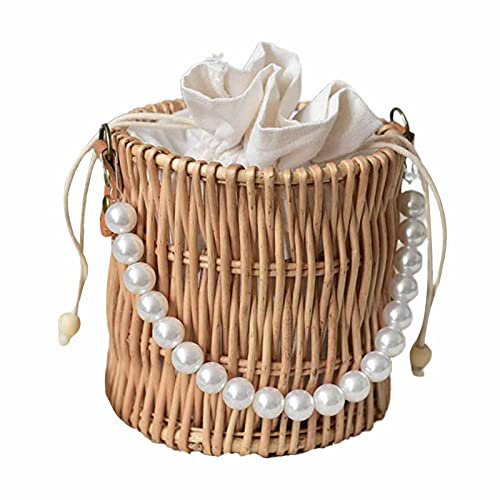 Washranp Damen Tasche Bambus Gewebt Stroh Blumenkorb Gewebte Tasche Mit Faux Perle Griff Rattan Weiblich Concise Damen Handtasche Kollokation Zubehör Holz