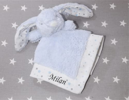 generisch BotoBaby® Schmusetuch Hase mit Namen – Hellblaues Kuscheltuch personalisiert – Besticktes Schnuffeltuch für Babys – Geschenk zur Geburt, Taufe & Babyshower – 25x25 cm (Blau-Hase-Flauschig)