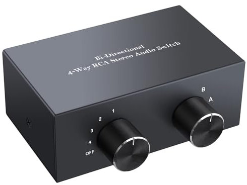 PROZOR Conmutador RCA de Audio Bidireccional de Canal de Sonido Estéreo 4X2/2X4 Estéreo L/R Interruptor de Audio 4(2)-IN-2(4) OUT con Botón de Apagado para Reproductor de CD con Altavoz Estéreo de DVD