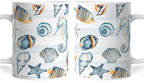 Caribu design Set Tazze Colazione Estate a Tema Mare con Pesci Coralli Conchiglie Stella Marina e Cavalluccio Marino Mug Caffè Tè in Ceramica (4)