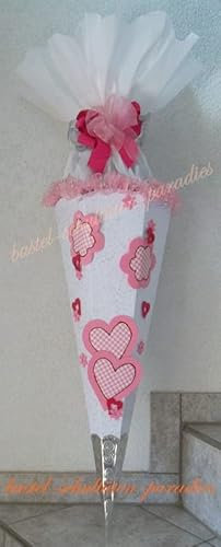 Schultüten Bastelset Blumen und Herzen weiß-rosa mit Schleifenband-Rüsche, Glitzer-Rohling