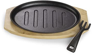 ECHTWERK Poêle à servir en fonte avec bandes grillées et planche à servir, Poignée amovible, Déjà cuite au four, Convient pour les fours, grils, BBQ et induction, 27 x Ø 17,5 cm
