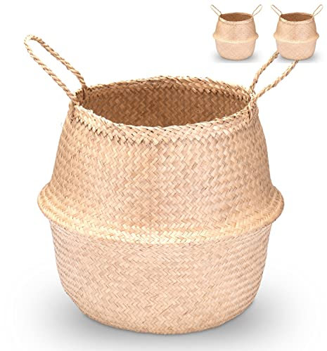 Decorasian Seegras Korb rund geflochten, Körbe zur Aufbewahrung und als Blumenkorb - Übertopf in Bast BZW. Rattan Optik - Seegraskorb mit Henkel zum Tragen - Wäschekorb - 2 Stück 40cm