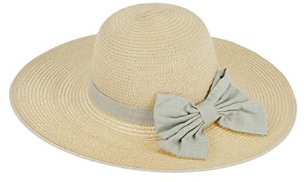 Relaxdays Strohhut, Damen, eleganter Sonnenhut mit Karierter Schleife, für Kopfumfang: 56 cm, Schlapphut Sommer, beige