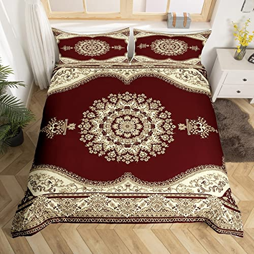 Homewish Retro Floral Duvet Cover Super King Tribal Exotic Bedding Set Boho Burgundy Fashion Retro Red Yellow Comforter Cover Vintage Bohemian Bedroom Decor Fashion Quilt Cover For Women Men