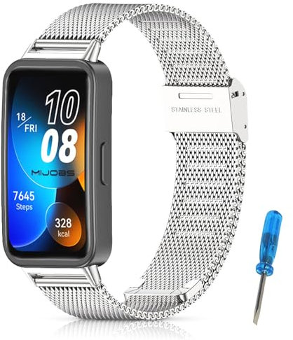 MIJOBS Cinturino di Ricambio per Huawei Band 10 & 9 & 8 Cinturini Acciaio Inox in Metallo, Bracciali di Ricambio per Orologi Intelligenti, Argento