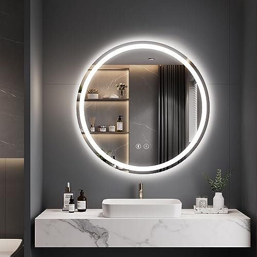 Dripex Badspiegel mit Beleuchtung Rund Led Spiegel mit Bluetooth-Lautsprecher und Touch-Schalter, Dimmbar, 3 Lichtfarbe Einstellbare Runder Badezimmerspiegel mit Beleuchtung, Beschlagfrei 50x50 cm
