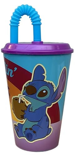 Verre à paille pour enfants Stitch Disney, verre en plastique réutilisable semi-rigide BPA Free capacité 430 ml